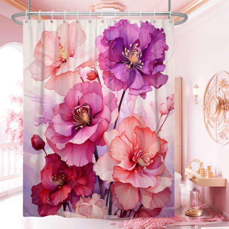 Uiiooazy Pink Shower Curtain for Bathroom Rose Pink Floral Shower Curtain Set with Hooks Abstract Purple Pink Flowers Bathtub Decor Waterproof Fabric Curtains 72x72inches - Image 2